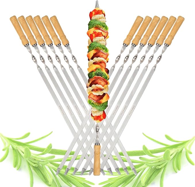 FOWUTAS 23.6" Large Size Kabob Skewers Flat Metal BBQ Barbecue Skewer Wooden Handle Stainless Steel Shish Kabob Stick Wide Reusable Grilling Set Meat Shrimp Chicken Vegetable Kebab Fork Sausage-12PCS