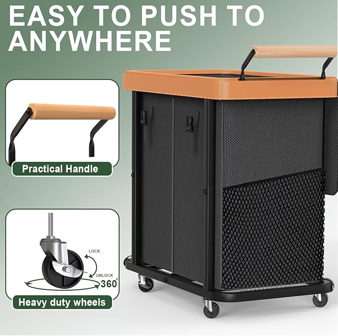 190L (50 Gal) Extra Large Fashion Laundry Hamper 2 Section with Lid, Rolling Laundry Basket Hamper with Handle, Laundry Organizer Storage Cart with Sturdy Metal Frame for Laundry Room, Hotel, black