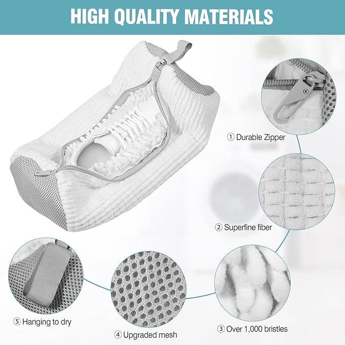 Shoe Washing Machine Bag, Shoe Laundry Bag for Washer and Dryer, Include Dry Net Bag, Reusable and Durable Zipper with Hook Design, Shoe Washing Bag for Sneaker (White, 2 Pack)