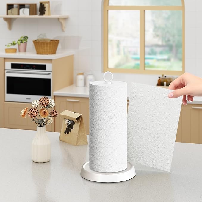 White Paper Towel Holder Countertop, White Kitchen Accessories Decor, Stainless Steel, Paper Towel Holder Stand for Bathroom Farmhouse Essentials, Weighted Base, Anti-Slip