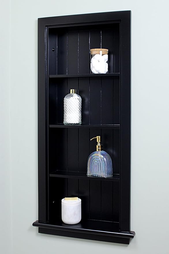 Fox Hollow Furnishings 14x36 Aiden Recessed Wall Niche Medicine Cabinet Replacement, in The Wall Bathroom Cabinet Insert Shelf/Shelves, Made in North America, Real Wood, NO MDF, Beadboard, Black