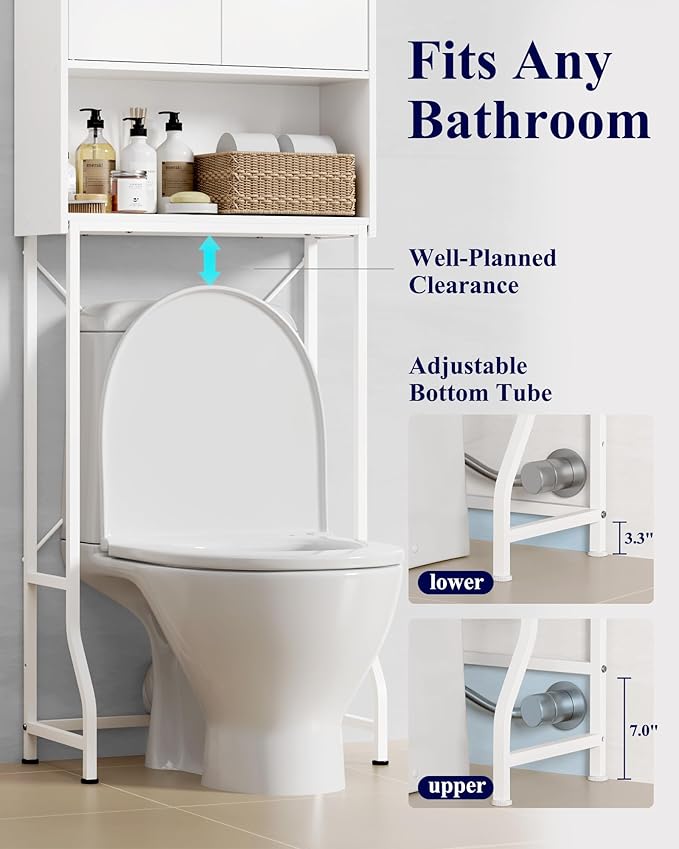 Kitsure Over The Toilet Storage Cabinet - 3 Tier Bathroom Organizers and Storage Solution with Adjustable Shelf & Bottom Bar, Anti-Tip Bathroom Storage Cabinet, White, 3 Tiers (68.1" H)