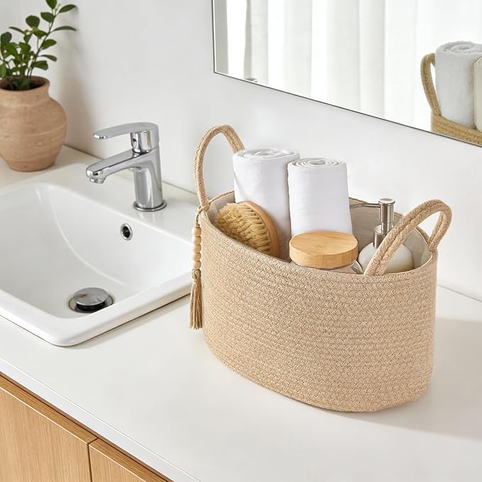 Mkono Storage Basket for Toilet Tank Top Boho Bathroom Decor Woven Rope Toilet Paper Tray Organizer for Shelf Bedroom Living Room, Jute, 13" L x 10" W x 9"H