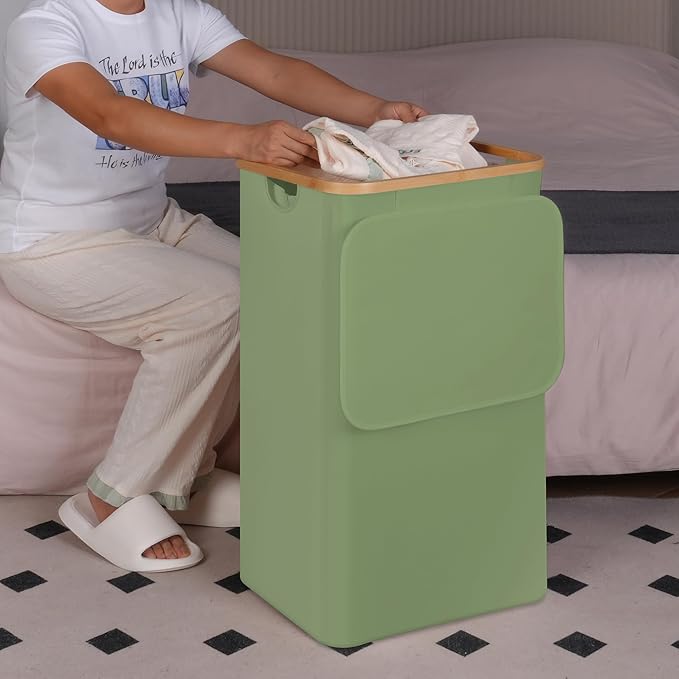 efluky 26 Gal Laundry Basket with Lid and Net Bag, Tall Laundry Hamper with Bamboo Handles, Aesthetic Dirty Clothes Bin for Laundry Room, Bathroom, Bedroom and Dorm, Green