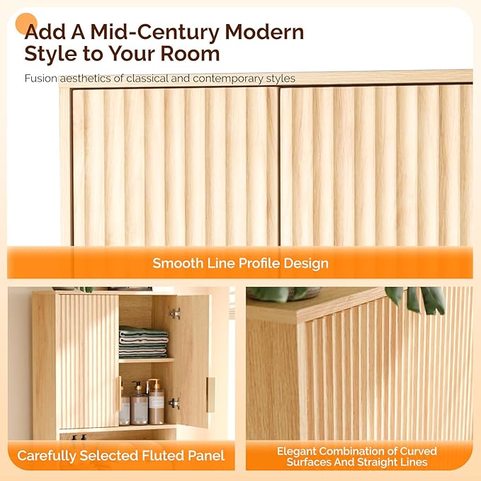 VINGLI Over The Toilet Storage Cabinet with Fluted Doors, Mid Century Modern Bathroom Organizer Over Toilet, Freestanding Wooden Space Saver Stand with Adjustable Shelves, Natural Oak