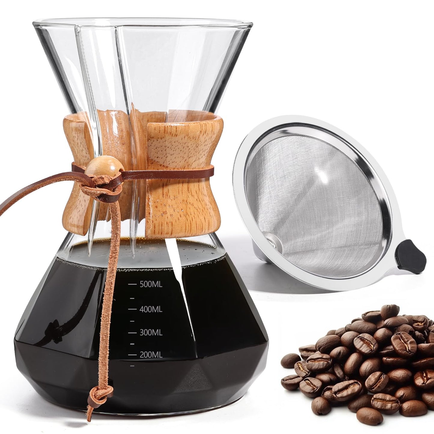 Yopinmall Pour Over Coffee Maker 20 OZ, 6 Cup Borosilicate Glass Drip Coffee Maker with Reusable Stainless Steel Filter and Cork Grip for Home Café 600 ML