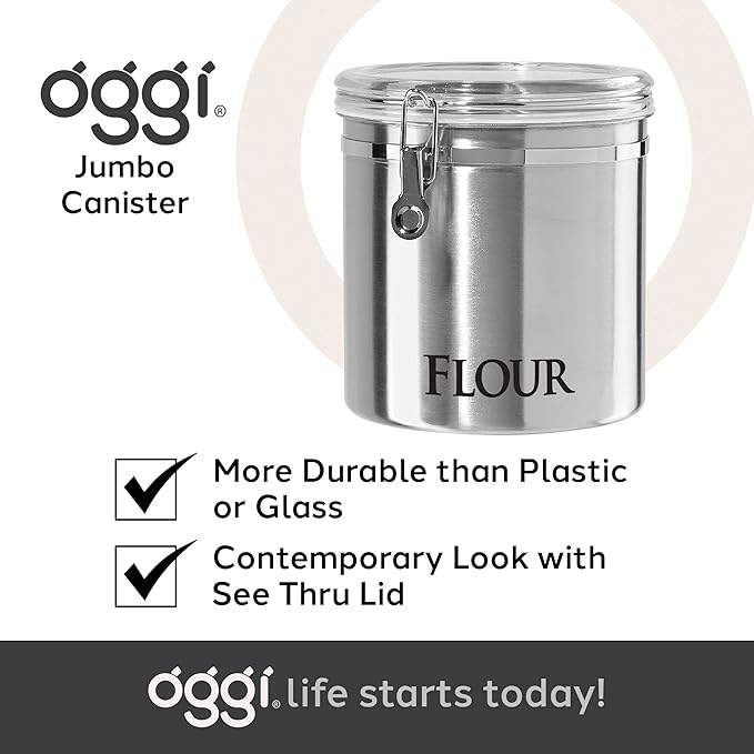 Oggi Jumbo 8" Stainless Steel Flour Clamp Canister - Flour & Food Storage