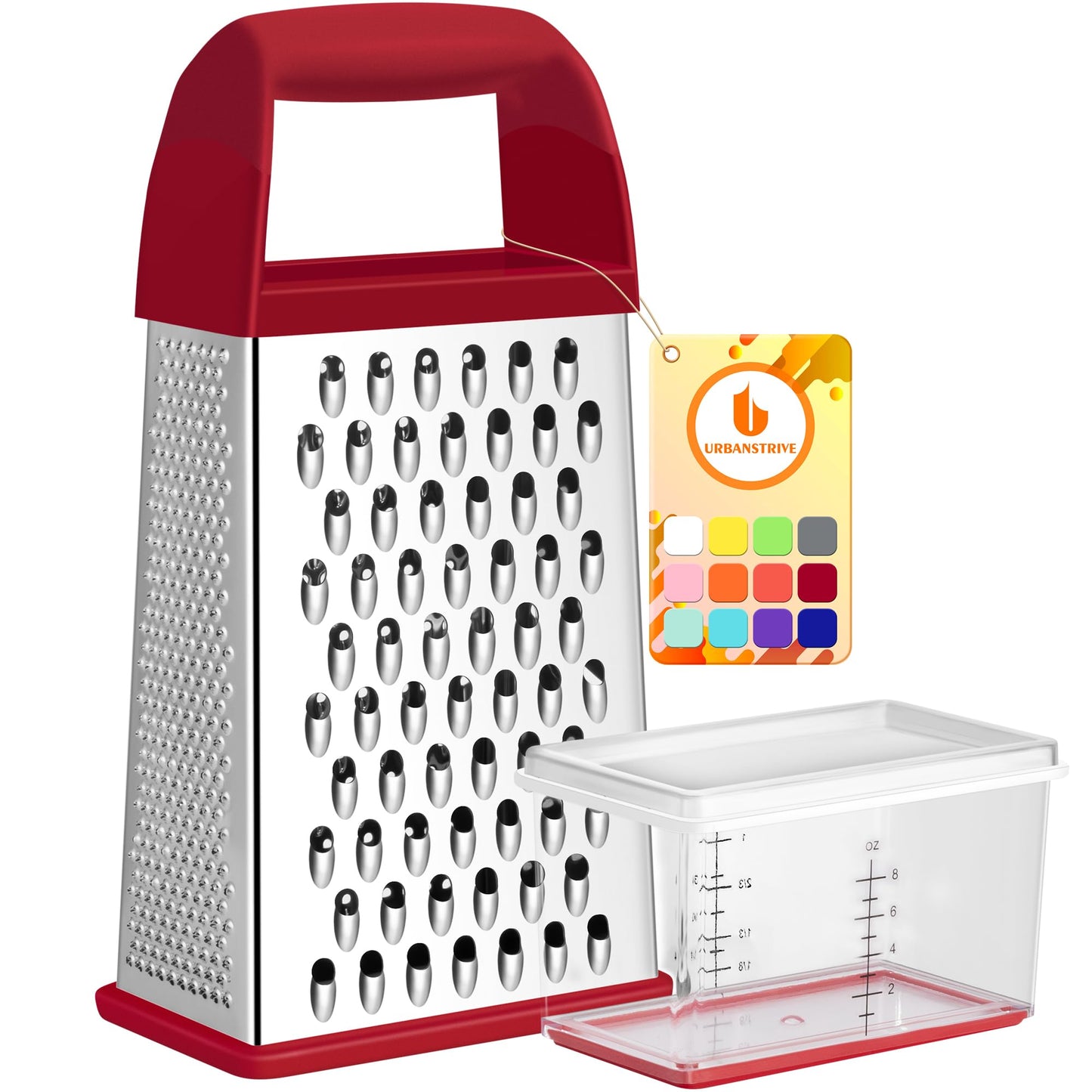 Urbanstrive Cheese Grater With Container, Professional Cheese Grater with Handle, Stainless Steel Graters for Kitchen Handheld, Box Grater with 4 Sides for Vegetables, Ginger, Potatoes (Red)
