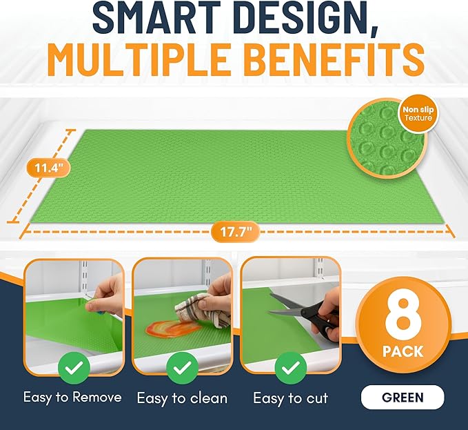 Refrigerator Liners for Shelves (8 Pack) by Linda’s Essentials - Non-Adhesive Shelf or Drawer Liner, BPA-Free Fridge Mats for Kitchen & Cabinets, Easy to Clean, Ideal Household Essentials (Green)