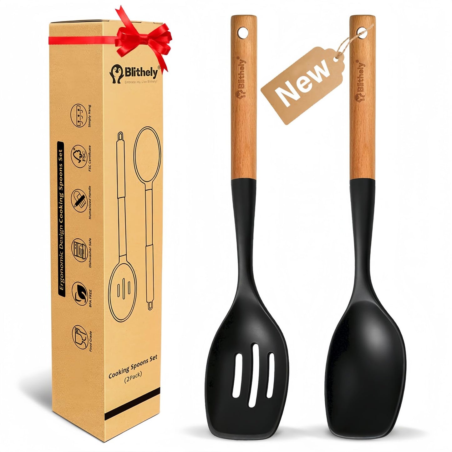 2Pcs Large Silicone Cooking Spoon Set, Nonstick Serving Spoons for Cooking, Solid and Slotted Spatula Spoons with Wooden Handle, Heat Resistan Silicone Utensil Set for Basting and Mixing(Black)
