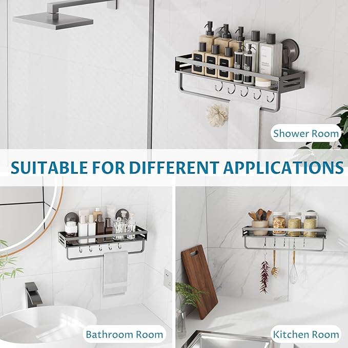 Onemake Shower Caddy Suction Cup, 1 Pack 15.7 inch Aluminum Suction Showers Organizer with Towel Bar & Hooks, Rustproof Shower Shelf for Inside Shower, NO-Drilling Bathroom Holder Storage Rack, Gray