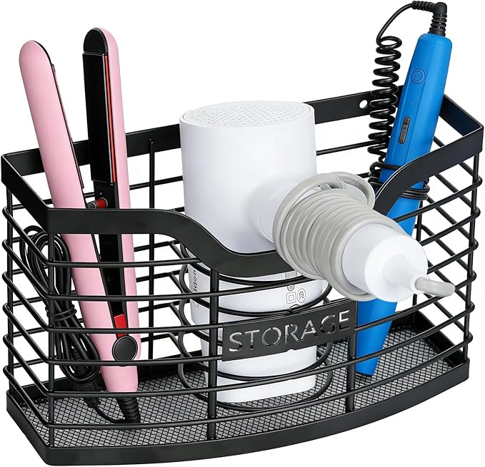 Hair Tool Organizer, Stainless Steel Hair Dryer Holder for Dresser, Bathroom Countertop & Cabinet Door, Wall Mount Storage Basket for Holding Hairdressing Curler, Blow Dryers, Shaver, Comb