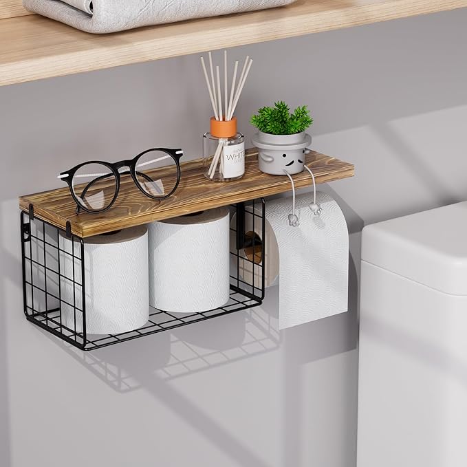 VITVITI Toilet Paper Holder with Shelf, Wall Mounted Toilet Paper Storage Basket, Wood Metal Toilet Roll and Wipes Holder for Bathroom Farmhouse (Brown)