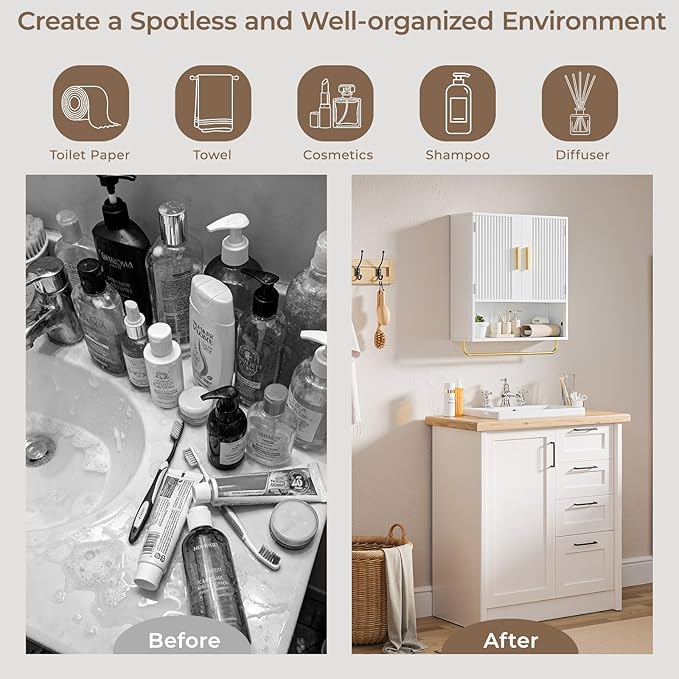 Bathroom Cabinet Wall Mount with Fluted Door Panel & Adjustable Shelf, Medicine Cabinet with Open Partition and Towel Bar, Wall Storage Cabinet for Laundry Room & Kitchen (White)