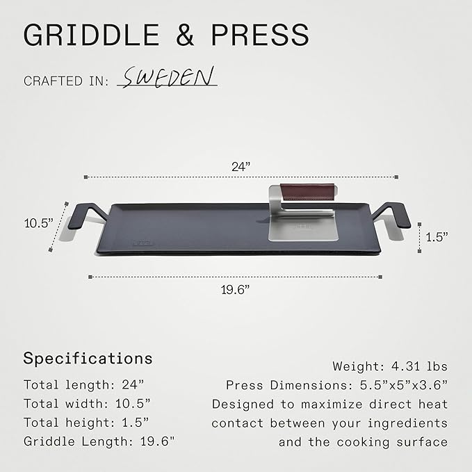 Made In Cookware - Carbon Steel Griddle + Grill Press - Professional Cookware - Crafted in Sweden - Induction Compatible