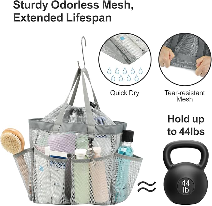 F-color Mesh Shower Caddy Portable with Drawstring - Large 8 Pockets Dorm Room Essentials for Guys Girls with S Hook, Shower Bag Basket Tote for College Camping Gym Travel Toiletry Bathroom, Grey