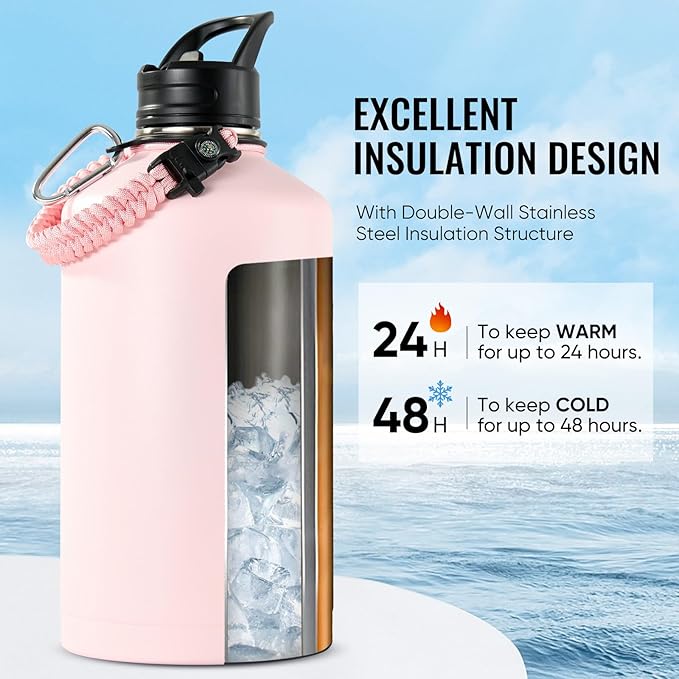 Gallon Water Bottle with 2 Lids (Straw & Spout), 304 Stainless Steel Water Jug with Handle and Wide Mouth, 1 Gallon Vacuum Double Walled Jug for Sports, Outdoors, Pink, 128 oz