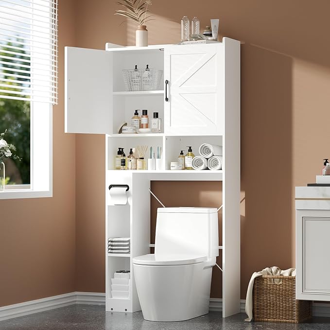 FURSUN 32" Extra Wide Over The Toilet Storage Cabinet, 7-Tier Bathroom Organizer with Metal Frame & Barn Doors, Space-Saving Farmhouse Toilet Shelf with Paper Holder & Adjustable Shelves, White