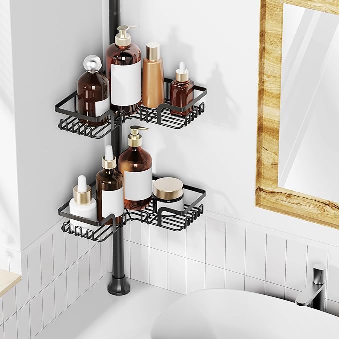ZUNTO Tension Pole Shower Caddy Corner for Bathroom, Adjustable 25in-114in Floor to Ceiling, Standing Shower Tension Rod Organizer, 4 Tier Storage Shelves with Hooks, Black