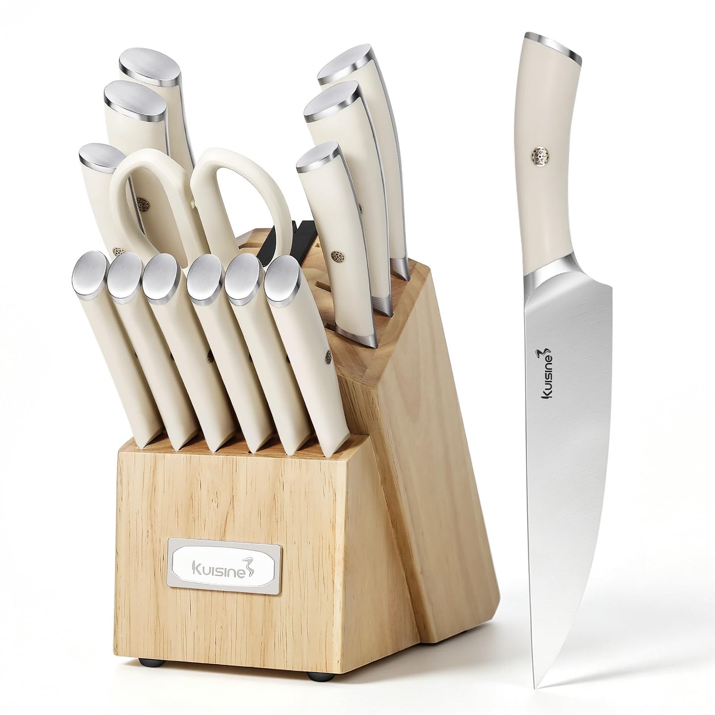 KUISINE Chef Knife Set, High Carbon Stainless Steel Ultra Sharp Blade Ergonomic Handle, Kitchen Knife Block Set with Built-in Sharpener, Elegant Gift for Holiday(15 PCS Pro White)