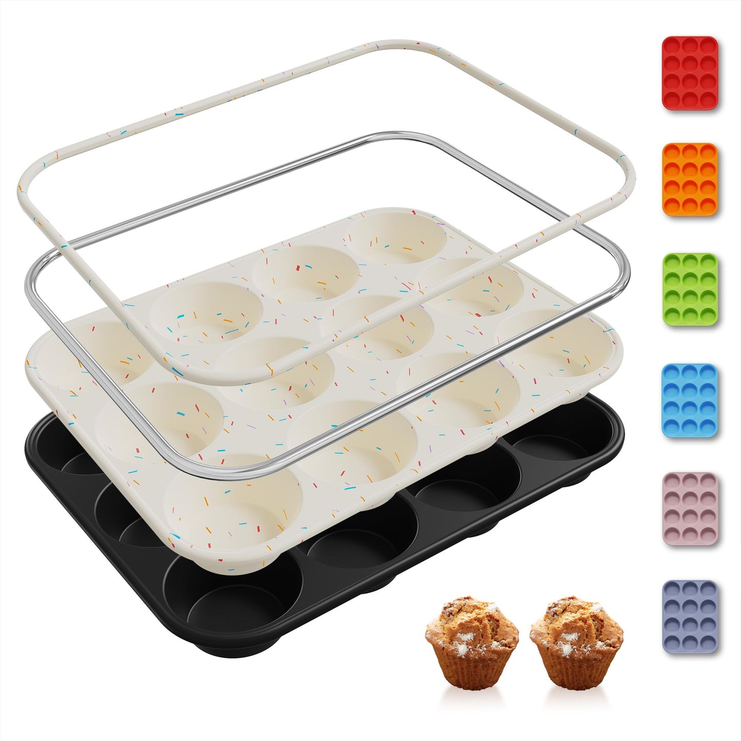 2 Pack 12 Cups Silicone Muffin Pan with Metal Reinforced Frame Regular Size Silicone Molds Cupcake Cake Baking Pans Cookie Baking Chocoflan Cupcake Mold Kitchen Baking Mold Tools for Cooking
