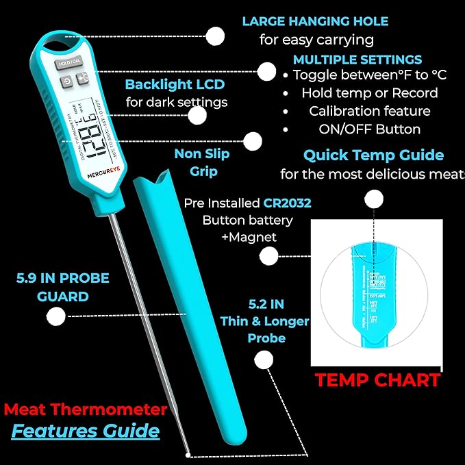 MERCUREYE Meat Thermometer Digital, Instant Read Food Thermometer – Waterproof Nonslip Grip Kitchen Timer & Temp Chart Thermometer for Cooking Candy, Oil Fry Indoor & Outdoor Grilling Smoker Roast