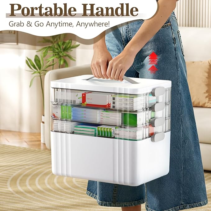 4-Tier Medicine Organizer - Portable Medicine Cabinet with Plastic Handle, Multipurpose Medical Box, Empty First Aid Kit for Home