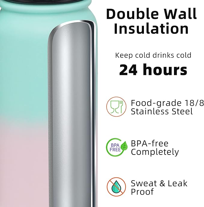 Fanhaw 32 oz Insulated Stainless Steel Water Bottle with Anti-Dust Chug Lid, Leakproof Vacuum Sports Bottle for Men & Women (Green Pink)