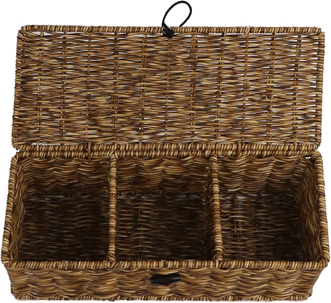 Waterproof Wicker Storage Basket with Lid, Rectangular Tank Woven Baskets with Sections, Decorative Box for Snack Toys Bathroom (Brown)