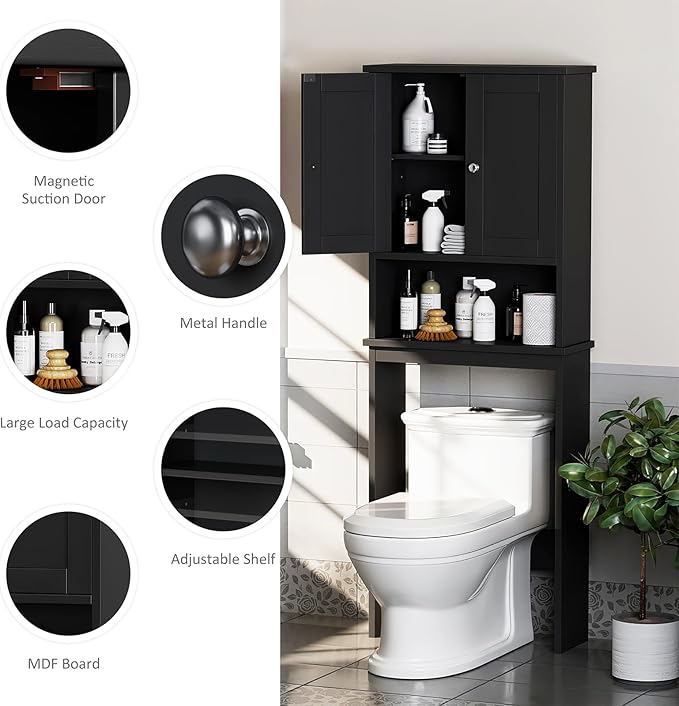 Meilocar Over The Toilet Storage Cabinet for Bathroom, Black Bathroom Storage Over Toilet, Space Saver W/Adjustable Shelf and Open Shelf, Black