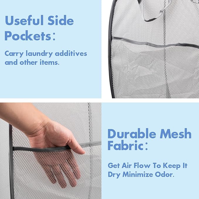 DUCOO Pop Up Hamper, 1 PCS Mesh Pop Up Laundry Hamper, Foldable Mesh Laundry Basket with Space-Saving Design for Home, Dorm, Travel & Storage - Gray
