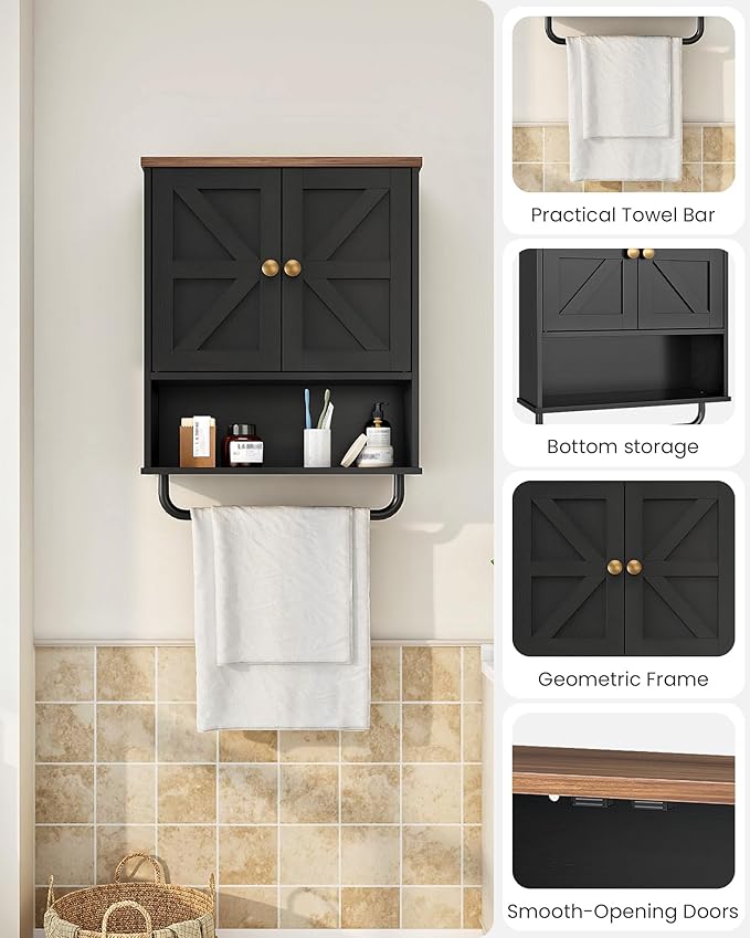 Bathroom Wall Cabinet, Medicine Cabinet with Open Partition and Towel Bar, Rustic Storage Cabinet with Open and Hidden Storage Space, for Bathroom, Living Room, Kitchen, Black and Walnut