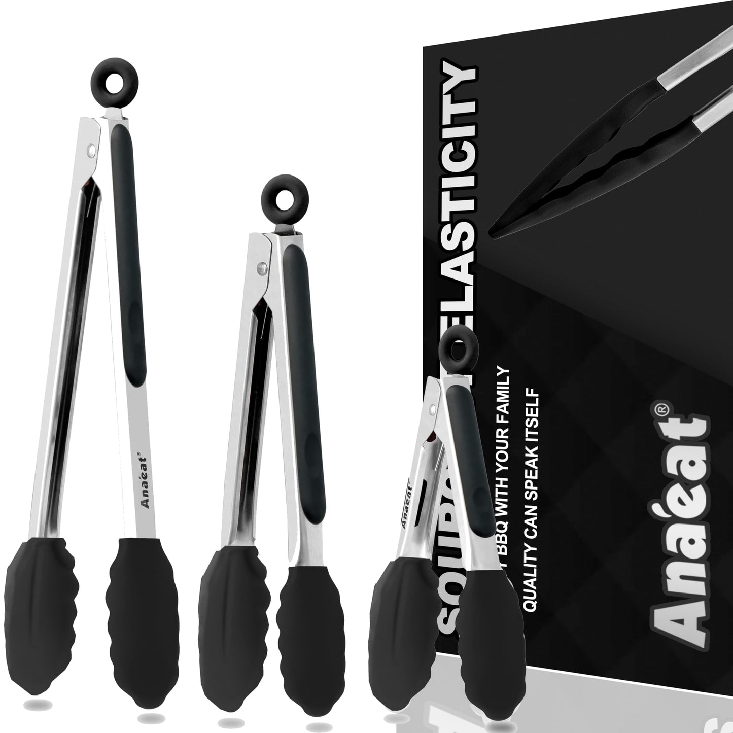Anaeat Non-Stick Silicone Locking Tong Set of 2 - Stainless Steel 9" and 12" Kitchen Food Tongs with Non-Slip Silicone Tips and Grip for Cooking, Baking and BBQ - Heavy Duty & Heat Resistant (Black)