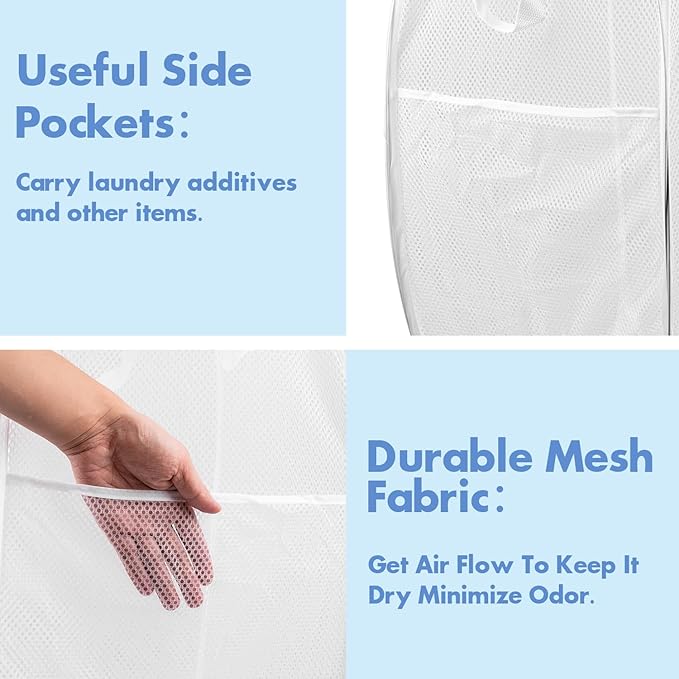 DUCOO Pop Up Hamper, 2 PCS Mesh Pop Up Laundry Hamper, Foldable Mesh Laundry Basket with Space Saving Design for Home, Dorm, Travel and Storage, White