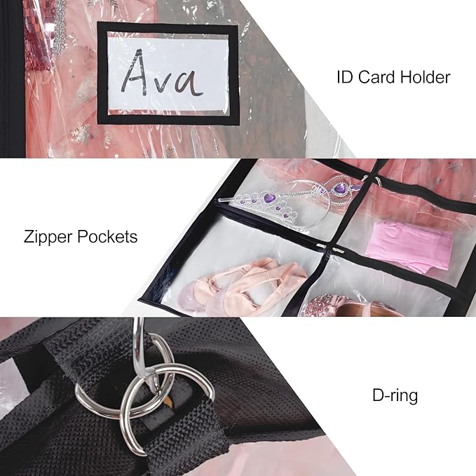 Univivi Clear Black PVC Dance Costume Bags (12 Pack) Garment Bag 40 Inch for Dance Competitions, with 4 Medium Clear Zipper Pockets and 1 Large Back Zippered Pocket [Upgraded Version]