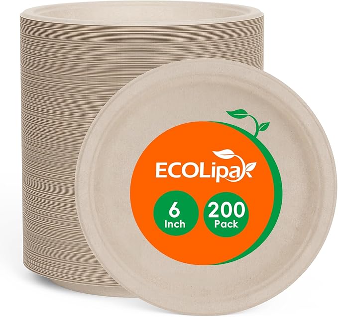ECOLipak 150 Pack 10 inch Compostable Disposable Paper Plates for Party