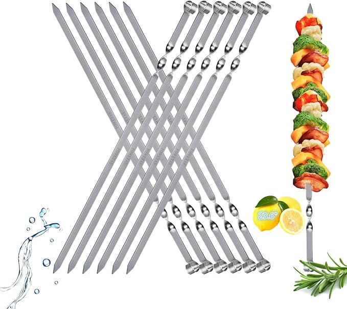 FOWUTAS Large Metal Skewers For Grilling Shish Kebab Sticks 22 inch Skewers For Kabobs Flat Barbecue Skewer Stainless Steel Grill Stick for Meat, Chicken, Shrimp, Fruit, Vegetables(12PCS)