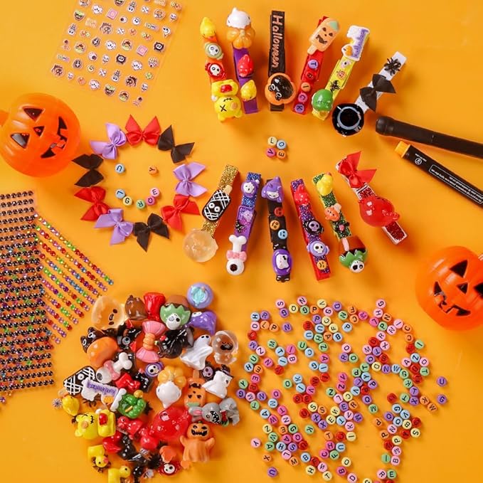 JOICEE 60 Set Halloween Cheer Pins Spirit Clips, 60 Colored Clothes Pins 115 Mini Resin Figures Ornaments Bows and Stickers pens 300 Beads for Halloween Trick or Treat DIY Crafts Gifts Party Favors