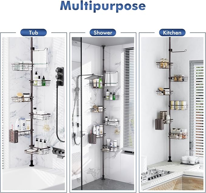 Corner Shower Caddy Tension Pole,Adjustable 30-120 Inch Bathroom Organizer Storage,Rustproof 6-Tier Shower Corner Shelves,Towel Rack, Toothbrush Holder, Soap Dish Organizers