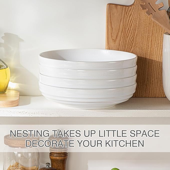 HAPPY KIT Stoneware 9'' 42oz Pasta Bowls Set 4, Frosted Granite White Glaze
