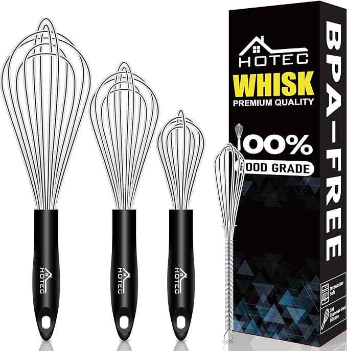 HOTEC Stainless Steel Whisk Set of 4, Food Grade Balloon Whisk Egg Beater, Thicken Wire Mixing Whisk for Baking, Cooking, Whisking Cream, Sauce, Pancake Batter
