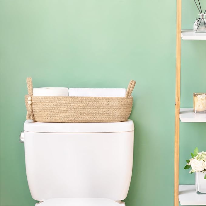 Mkono Small Storage Basket for Toilet Tank Top Boho Bathroom Decor Woven Rope Toilet Paper Tray Organizer for Shelf Bedroom Living Room, Jute, 1 Pack, 15.7" L x 6" W