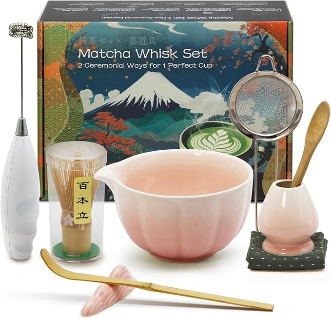 Matcha Whisk Set Incl. Ceramic Bowl With Spout, Whisk (Chasen), Stand, Bamboo Scoop, Sifter, Electric Frother, Tea Towel etc. 9 Pcs Matcha Making Starter Kit, Mottled Black