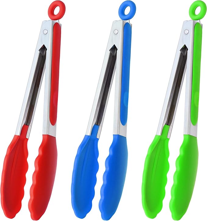 HINMAY Silicone Tipped Tongs 9" Kitchen Cooking Tongs, Set of 3 (Yellow)
