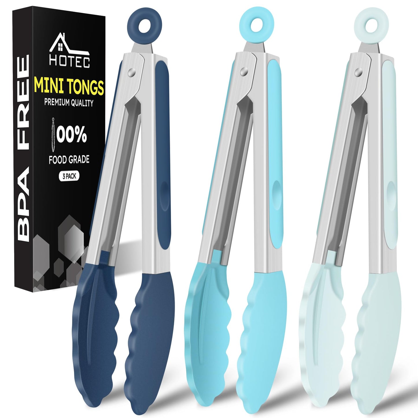 Hotec 7-Inch Mini Silicone Kitchen Tongs, Heat Resistant Non-Stick Small Serving Tongs with Silicone Tips, Food Safe Cooking Tongs Set of 3 (Black, Grey, White)
