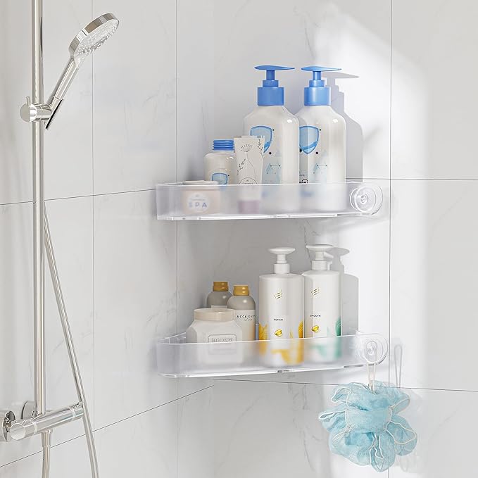 Sotfamily Plastic Shower Caddy Corner (For 90° Only), 2 Pack Adhesive Corner Shower Shelves for Bathroom Organizers and Storage, Crystal
