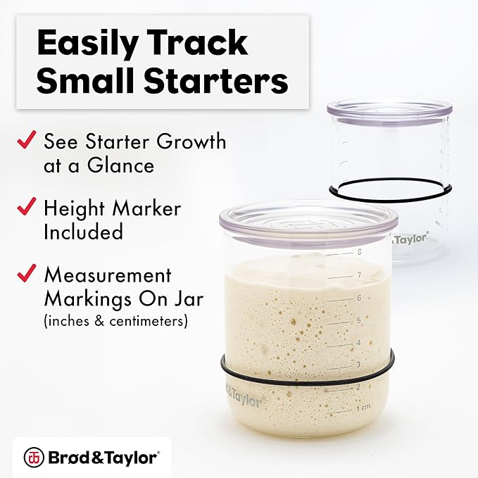 Brod & Taylor Small Sourdough Starter Jar (12oz) Less Discard Waste, 100% Dishwasher Safe, Measurement Markings, and Height Marker (Durable Glass Jar, BPA-Free)