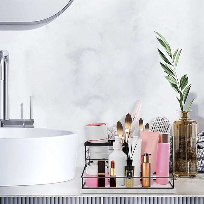 Hair Tool Organizer, Movable Hair Dryer Holder, Hair Styling Tools Storage for Vanity, Bath Counter Organizer, Bathroom Trays for Hair Toiletry, Makeup (12" x 7.7" x 5.8", Marble-Black)