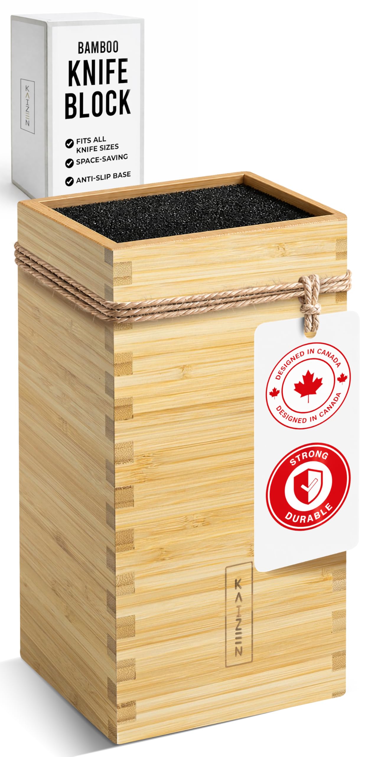 KAIZEN Bamboo Knife Block Without Knives - Perfectly Sized Universal Knife Holder for Knives, Scissors - Unique Knife Storage for Counter Top with Anti-Slip Base (Black)