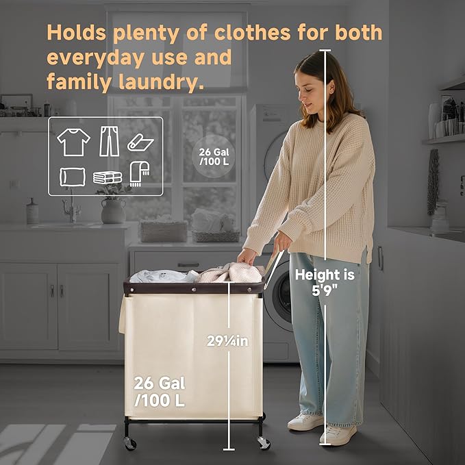 StorageWorks 2 Section Laundry Hamper, Rolling Laundry Cart with Wheels and Handles, Laundry Room Double Sorter for Organizer and Storage, 26.4 Gal(100L), Beige